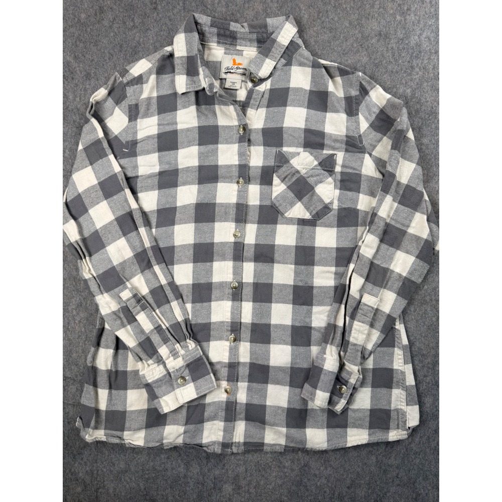 Field & Stream Womens Grey White Buffalo Plaid Flannel Button Down Shirt Large